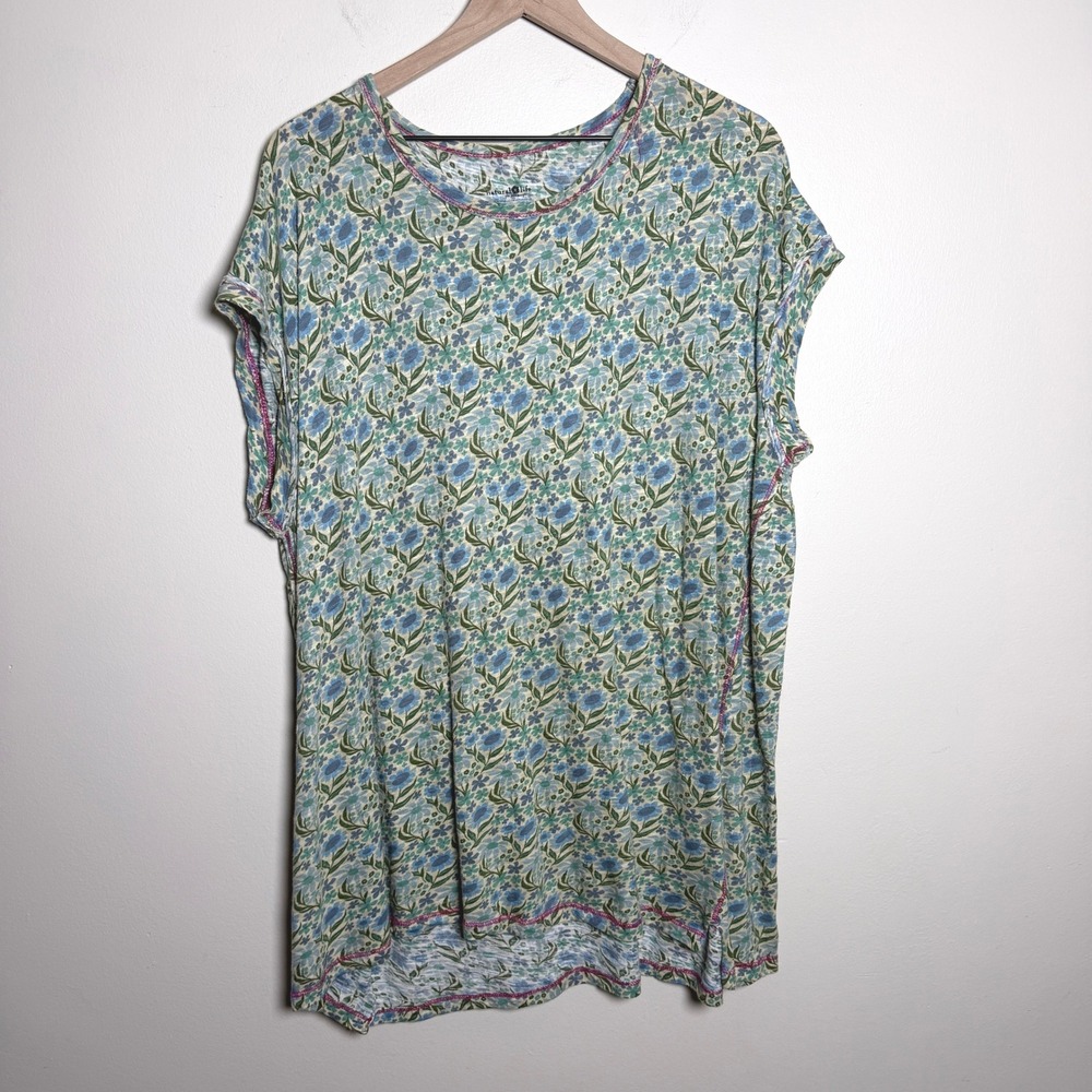 Natural Life Womens 100% Cotton Frankie Dress Large Blue Floral Cap Sleeve